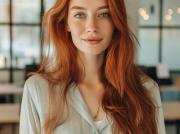 ai generated, woman, model, beautiful, redhead, ginger, hair, beauty, office, professional, business, female, work, job, workspace, co-working, space, photorealistic