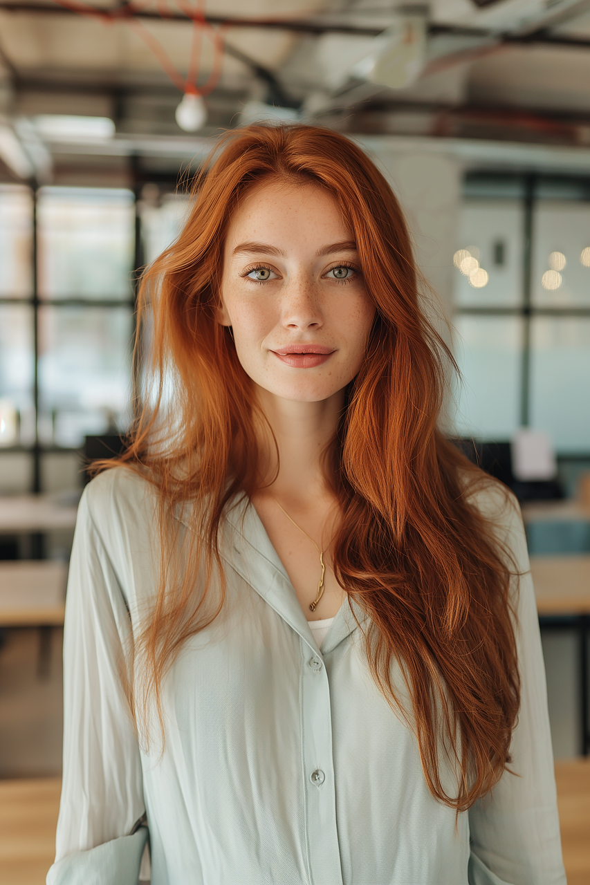 ai generated, woman, model, beautiful, redhead, ginger, hair, beauty, office, professional, business, female, work, job, workspace, co-working, space, photorealistic